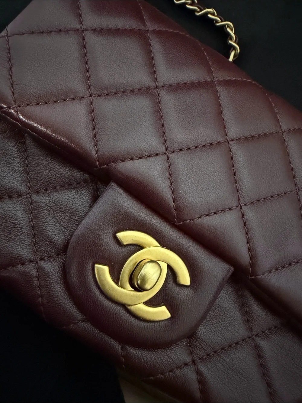 CHANEL Quilted Lambskin Shoulder Bag in Burgundy with Gold Hardware